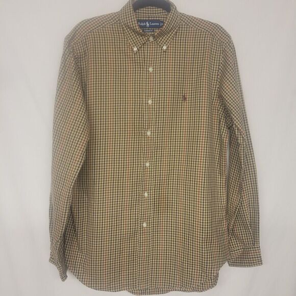 Ralph Lauren Medium Brow Plaid Classic Fit, Long Sleeve Button Down  Cotton Polo - Picture 1 of 6